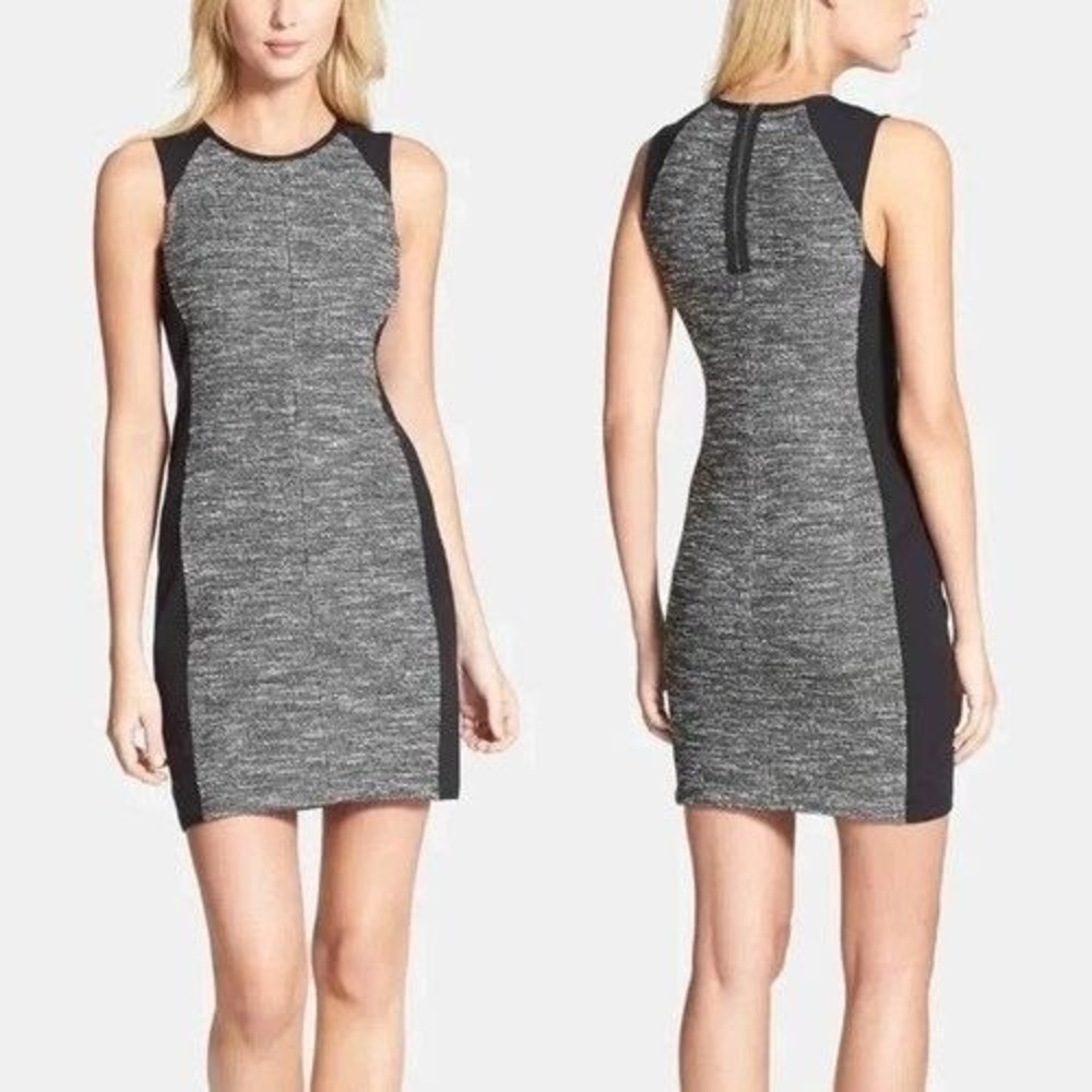 Eileen Fisher‎ XL Black Gray Tweed Colorblock Shift Dress Italian Fabric